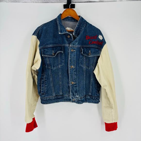 Vintage Dual Control Navy Boys Denim Jacket Small 90’s Leather Marines Embroider - Picture 2 of 9